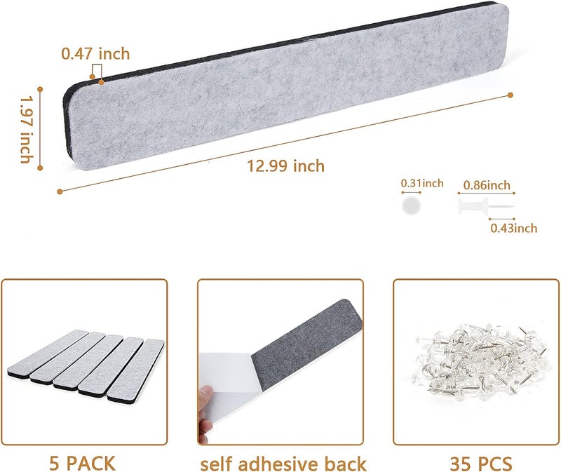 Arlasuo 5 Pack Felt Pin Board Bar Strips Bulletin Board for Bedrooms Offices Home Wall Decoration, Notice Board Self Adhesive Cork Board with 35 Push Pins for Paste Notes, Photos, Schedules (Grey) - Image 2